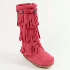 MINNETONKA Pink Suede 3 Layer Fringe Boots Size 11